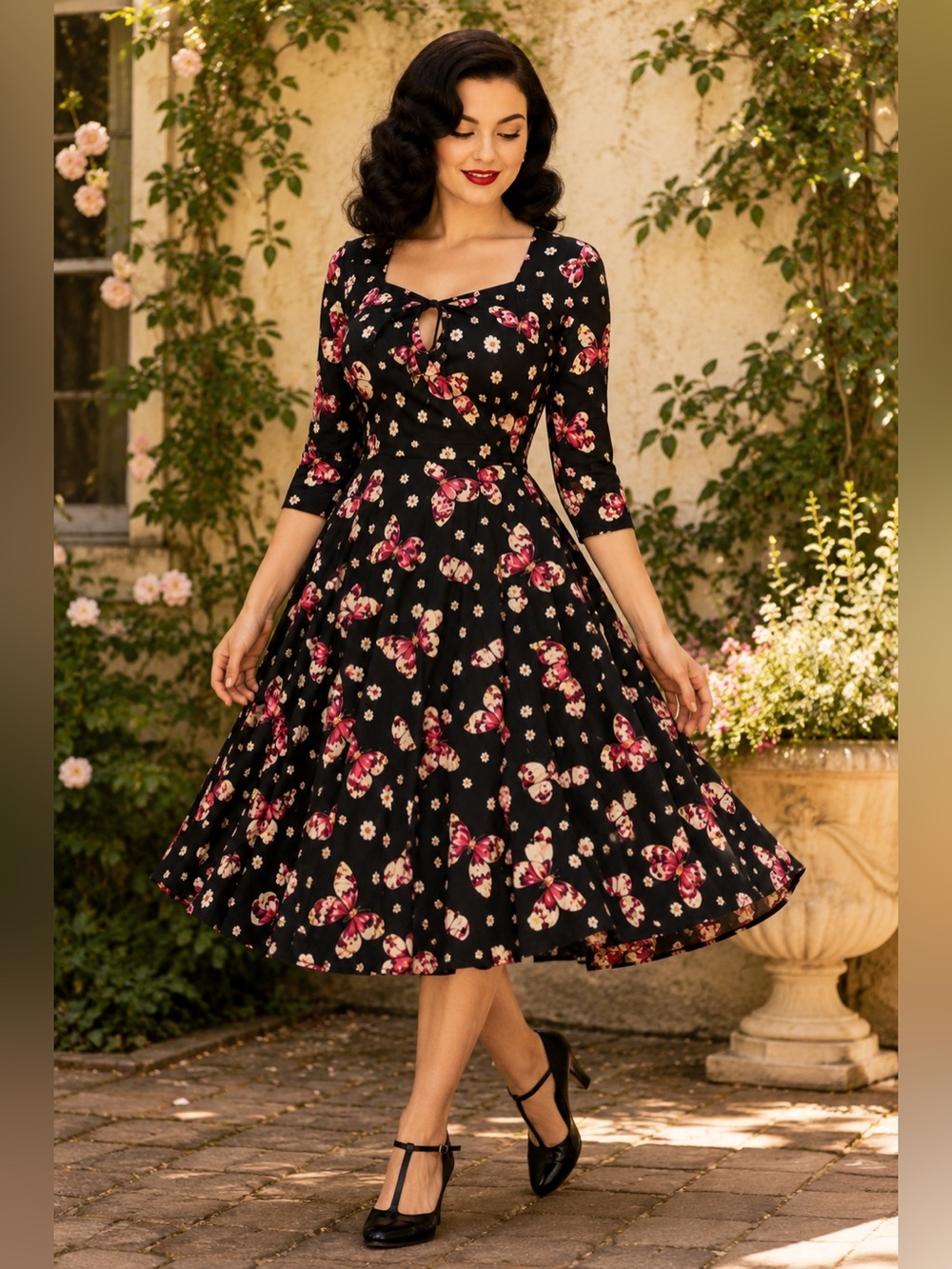 Cherry Velvet Butterfly Print Fit & Flare Dress Retro Pin Up Rockabilly S